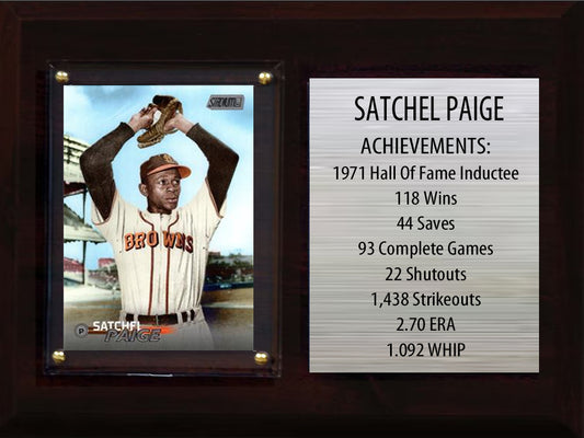 Satchel Paige baseball plaque with 2 trading cards and engraved nameplate, 6x8 fan cave display
