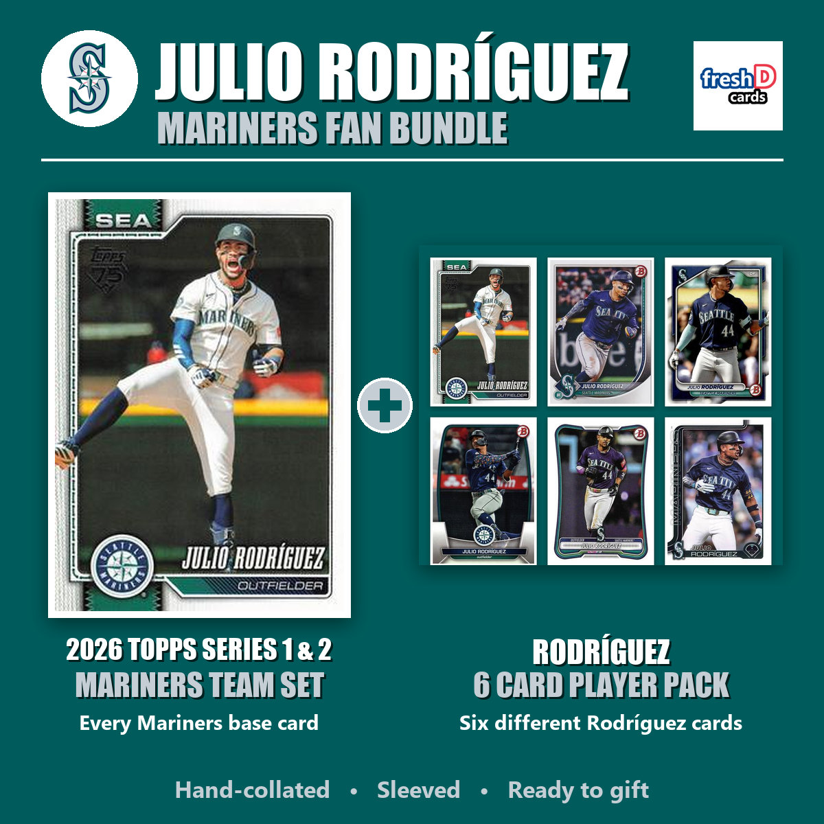 Julio Rodríguez Seattle Mariners Baseball Fan Bundle - 2026 Topps Series 1 & 2 Team Set + 6 Card Player Pack