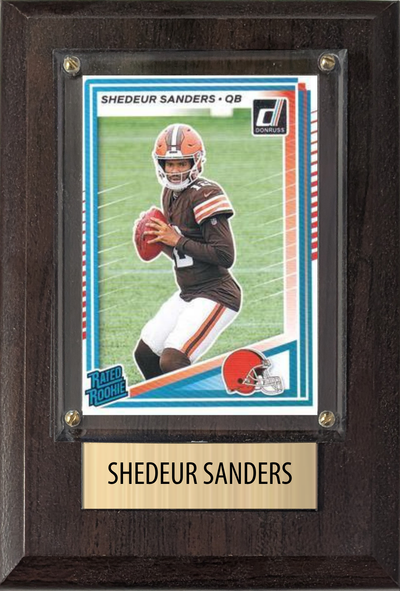 Shedeur Sanders Cleveland Browns RC 2025 Donruss Rated Rookie 4x6 football plaque with 1 trading card and engraved nameplate, 4x6 fan cave display