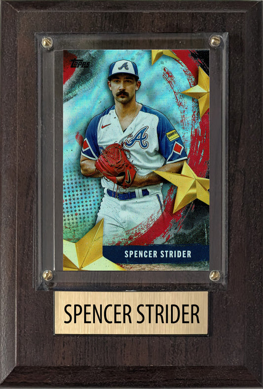 Spencer Strider Atlanta Braves 2025 2024 Topps Bowman baseball plaque with 1 trading card and engraved nameplate, 4x6 fan cave display