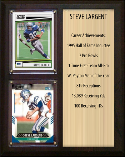 Steve Largent Seattle Seahawks football stats plaque with 2 trading cards and engraved nameplate, 8x10 fan cave display