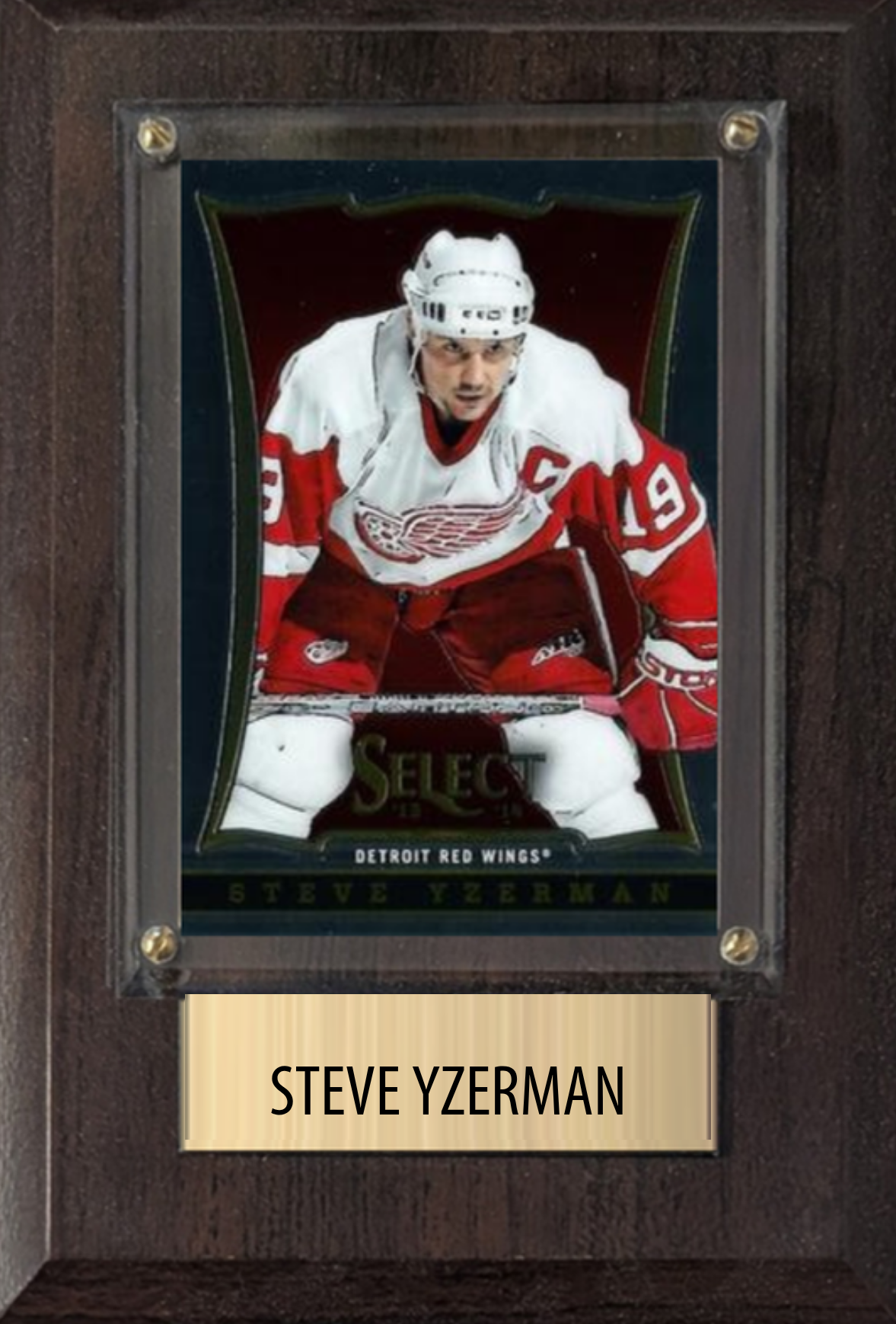 Steve Yzerman Detroit Red Wings HOF hockey plaque with 1 trading card and engraved nameplate, 4x6 fan cave display