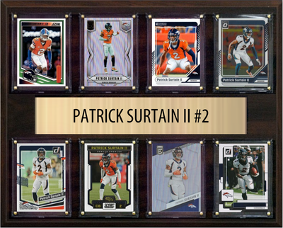Patrick Surtain II Denver Broncos football plaque with 8 trading cards and engraved nameplate, 12x15 fan cave display