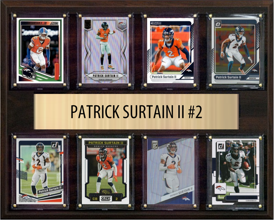 Patrick Surtain II Denver Broncos football plaque with 8 trading cards and engraved nameplate, 12x15 fan cave display
