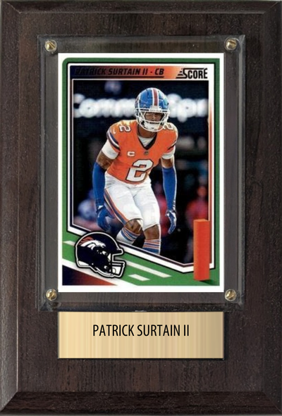 Patrick Surtain II Denver Broncos football plaque with 1 trading card and engraved nameplate, 4x6 fan cave display