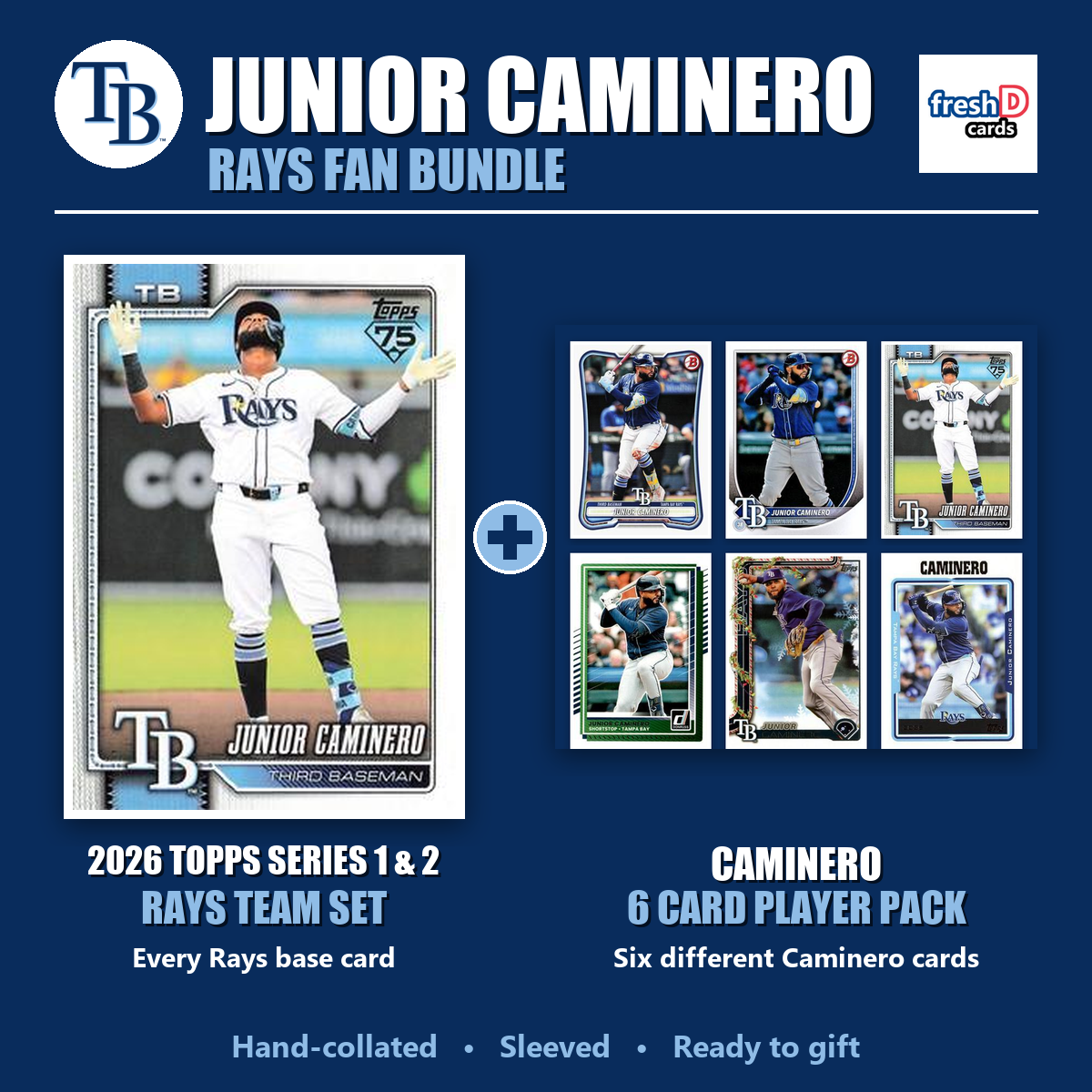 Junior Caminero Tampa Bay Rays Baseball Fan Bundle - 2026 Topps Series 1 & 2 Team Set + 6 Card Player Pack