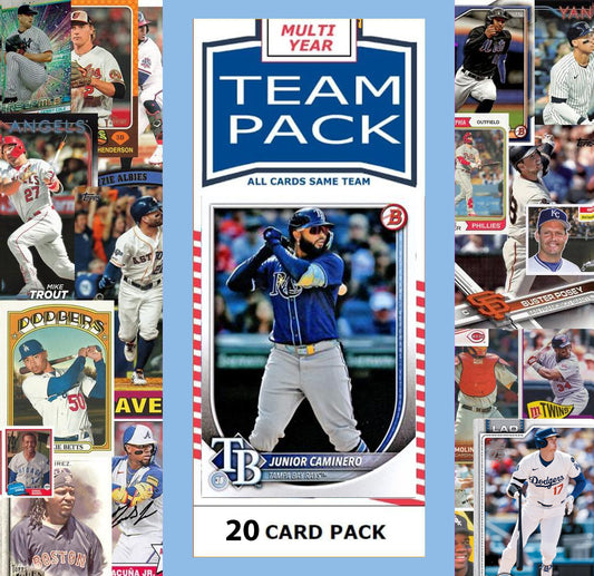 20 Card Multiyear Team Pack Tampa Bay Rays Junior Caminero 2024 2023 2025 Topps Stadium Club Archives Chrome Heritage Bowman