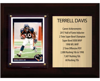Terrell Davis Denver Broncos football stats plaque with 1 trading card and engraved nameplate, 6x8 fan cave display