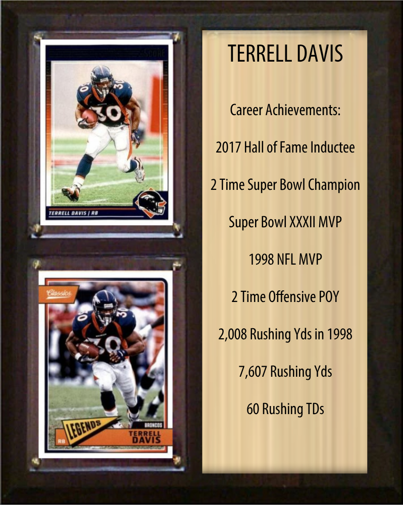 Terrell Davis Denver Broncos football stats plaque with 2 trading cards and engraved nameplate, 8x10 fan cave display