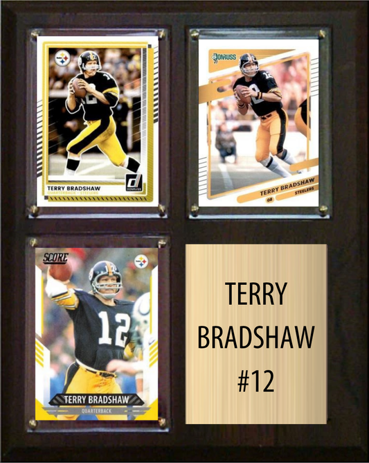 Terry Bradshaw Pittsburgh Steelers football plaque with 3 trading cards and engraved nameplate, 8x10 fan cave display