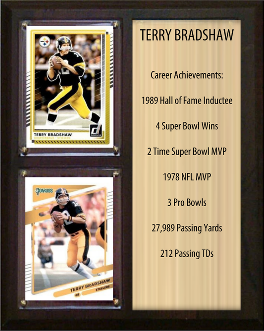 Terry Bradshaw Pittsburgh Steelers football stats plaque with 2 trading cards and engraved nameplate, 8x10 fan cave display