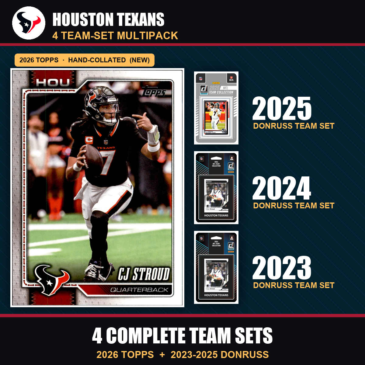 Houston Texans Football Team Set Multipack - 2026 Topps + 2025 2024 2023 Donruss - 4 Complete Team Sets - CJ Stroud