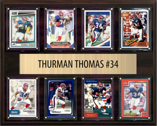 Thurman Thomas Buffalo Bills football plaque with 8 trading cards and engraved nameplate, 12x15 fan cave display