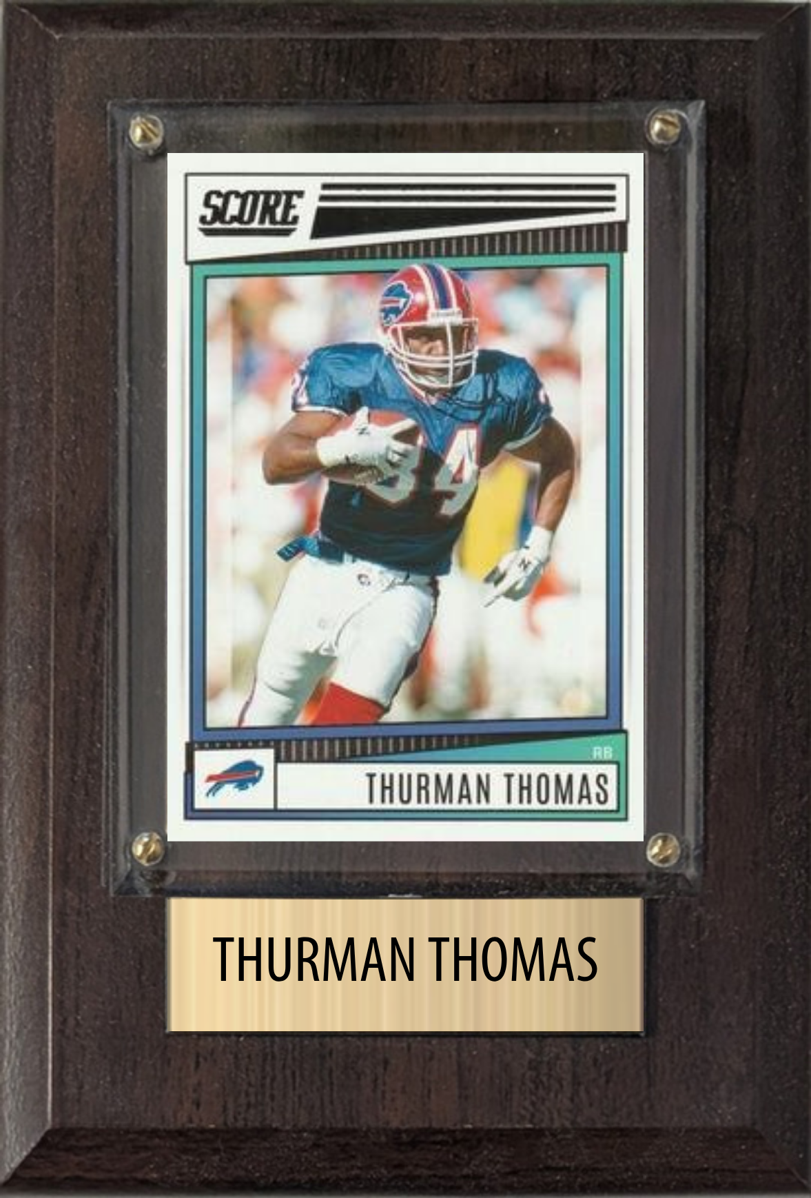 Thurman Thomas Buffalo Bills football plaque with 1 trading card and engraved nameplate, 4x6 fan cave display