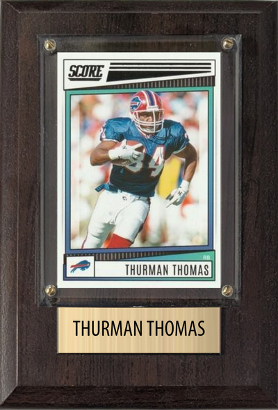Thurman Thomas Buffalo Bills football plaque with 1 trading card and engraved nameplate, 4x6 fan cave display
