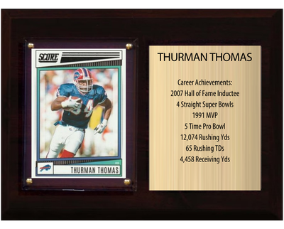 Thurman Thomas Buffalo Bills football stats plaque with 1 trading card and engraved nameplate, 6x8 fan cave display