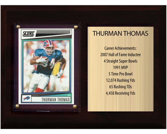 Thurman Thomas Buffalo Bills football stats plaque with 1 trading card and engraved nameplate, 6x8 fan cave display