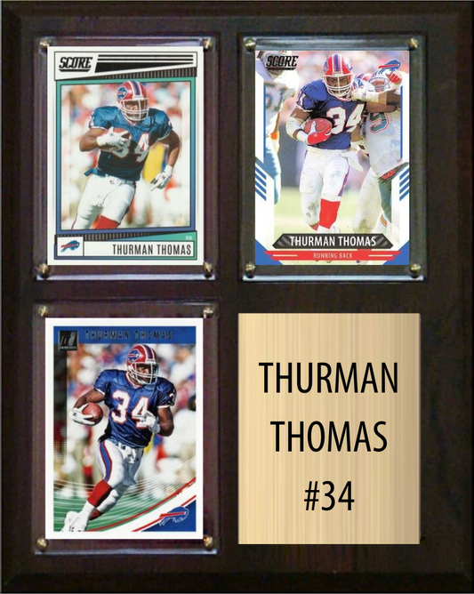 Thurman Thomas Buffalo Bills football plaque with 3 trading cards and engraved nameplate, 8x10 fan cave display