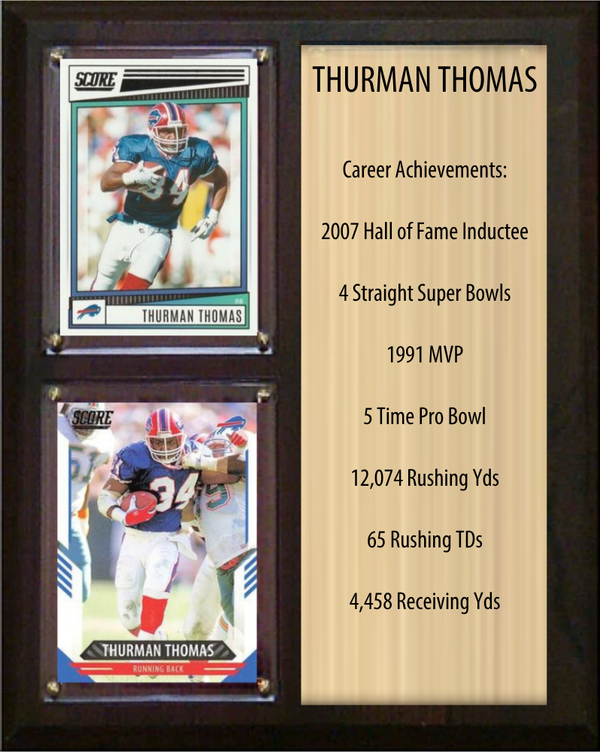 Thurman Thomas Buffalo Bills football stats plaque with 2 trading cards and engraved nameplate, 8x10 fan cave display