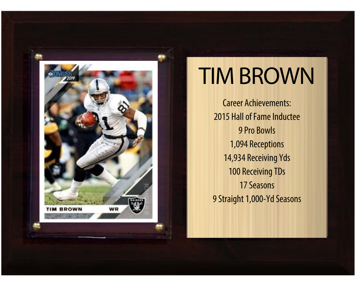 Tim Brown Las Vegas Raiders football stats plaque with 1 trading card and engraved nameplate, 6x8 fan cave display