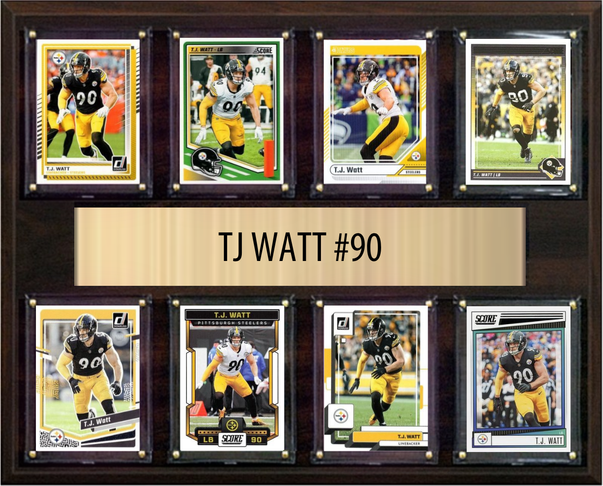 TJ Watt Pittsburgh Steelers football plaque with 8 trading cards and engraved nameplate, 12x15 fan cave display