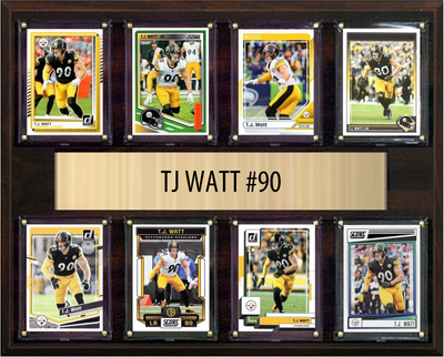 TJ Watt Pittsburgh Steelers football plaque with 8 trading cards and engraved nameplate, 12x15 fan cave display