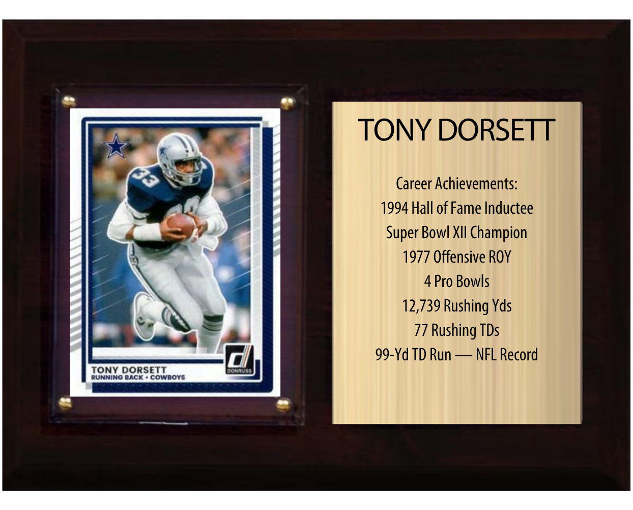 Tony Dorsett Dallas Cowboys football stats plaque with 1 trading card and engraved nameplate, 6x8 fan cave display