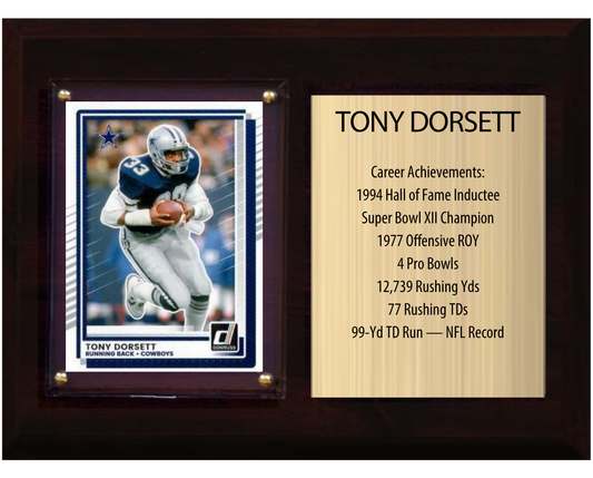 Tony Dorsett Dallas Cowboys football stats plaque with 1 trading card and engraved nameplate, 6x8 fan cave display