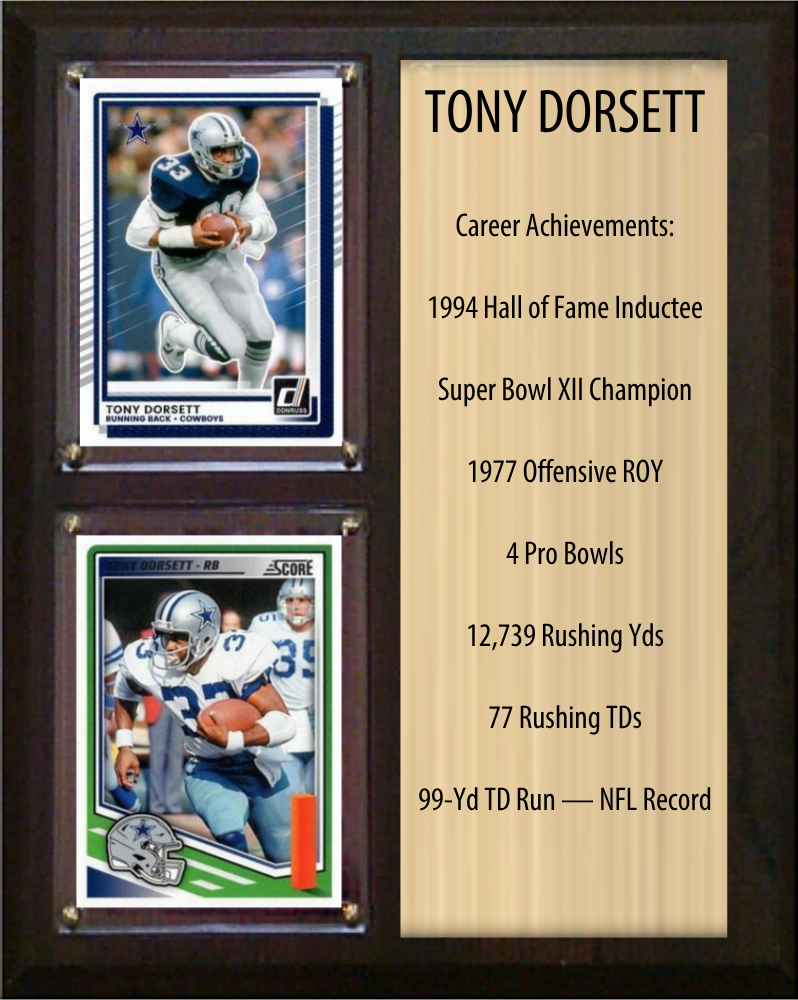 Tony Dorsett Dallas Cowboys football stats plaque with 2 trading cards and engraved nameplate, 8x10 fan cave display