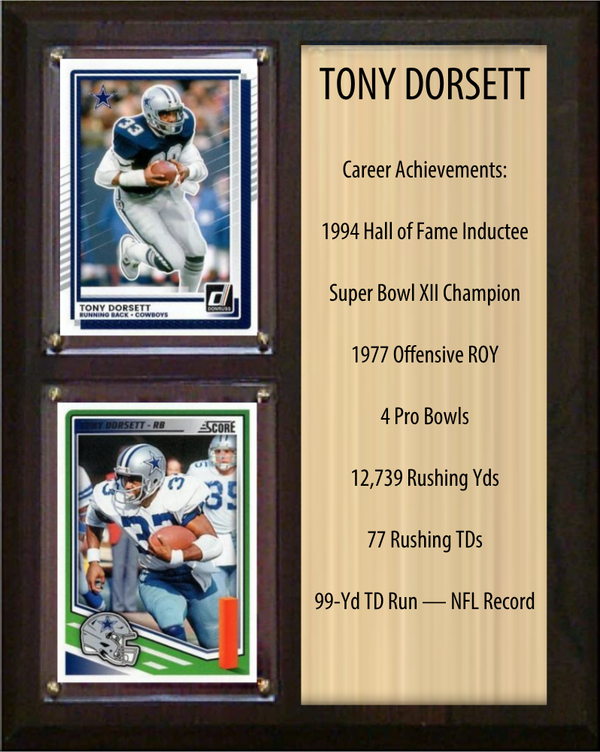 Tony Dorsett Dallas Cowboys football stats plaque with 2 trading cards and engraved nameplate, 8x10 fan cave display