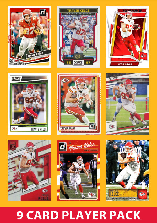 Travis Kelce 9 Card Player Pack 2024 2025 2026 NFL Donruss Panini Score Chiefs plaque