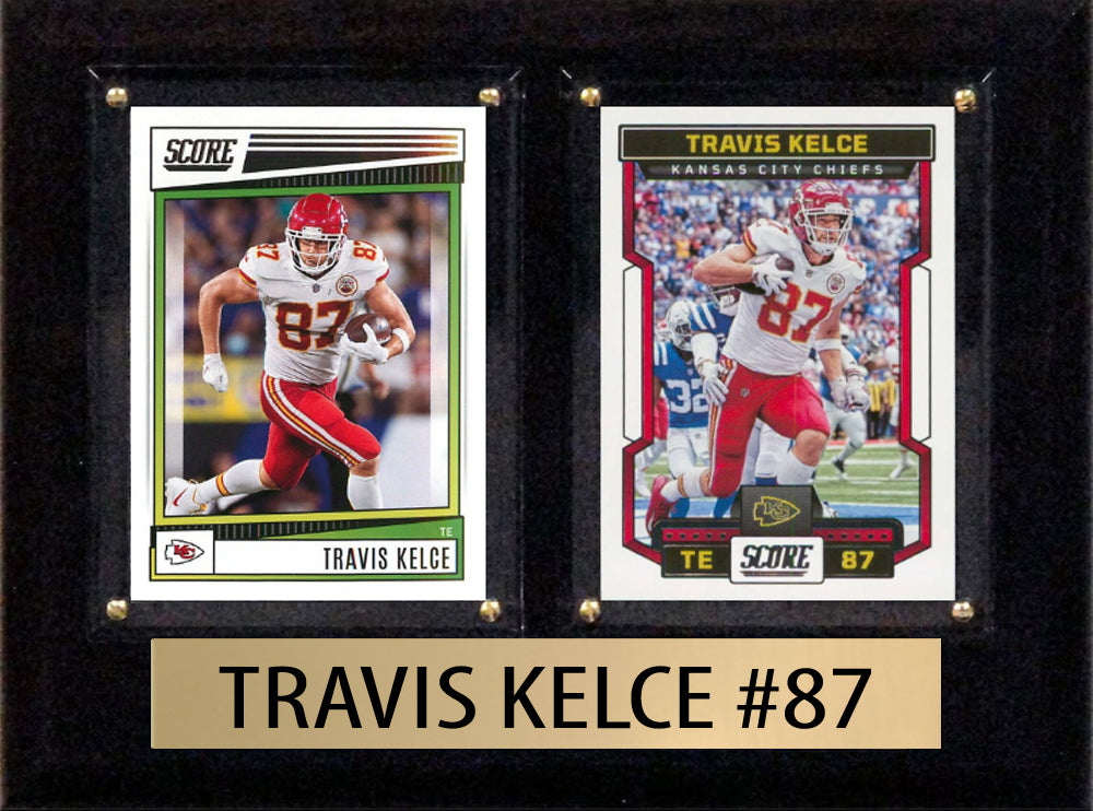 Travis Kelce Score Donruss 2022 2023  2 Card 6" x 8" football plaque with 2 trading cards and engraved nameplate, 6x8 fan cave display