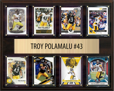 Troy Polamalu Pittsburgh Steelers football plaque with 8 trading cards and engraved nameplate, 12x15 fan cave display