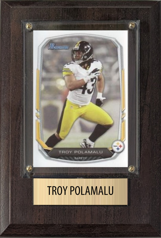 Troy Polamalu Pittsburgh Steelers football plaque with 1 trading card and engraved nameplate, 4x6 fan cave display