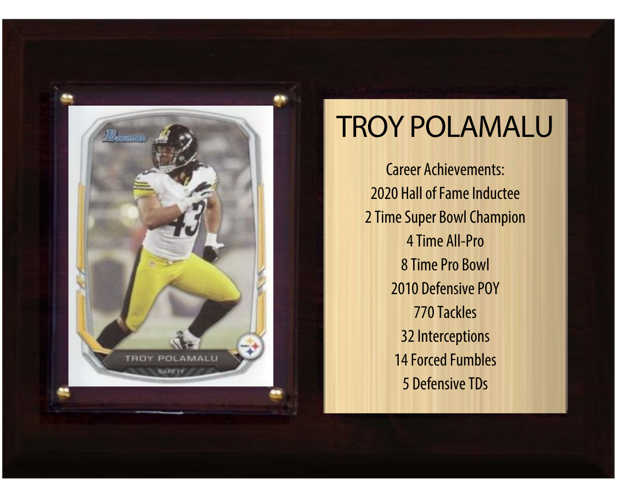 Troy Polamalu Pittsburgh Steelers football stats plaque with 1 trading card and engraved nameplate, 6x8 fan cave display