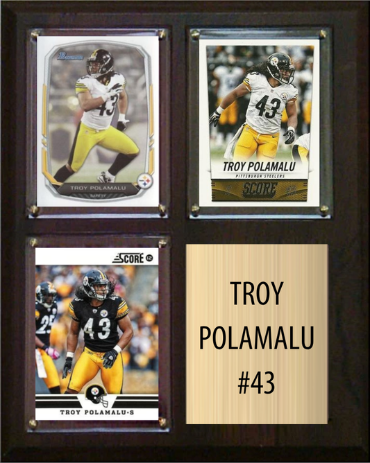 Troy Polamalu Pittsburgh Steelers football plaque with 3 trading cards and engraved nameplate, 8x10 fan cave display