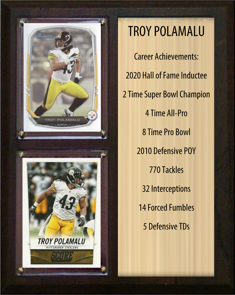 Troy Polamalu Pittsburgh Steelers football stats plaque with 2 trading cards and engraved nameplate, 8x10 fan cave display