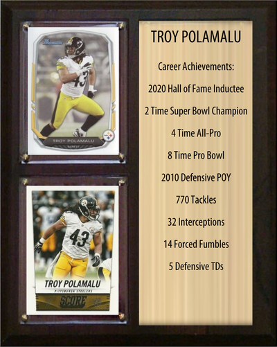 Troy Polamalu Pittsburgh Steelers football stats plaque with 2 trading cards and engraved nameplate, 8x10 fan cave display