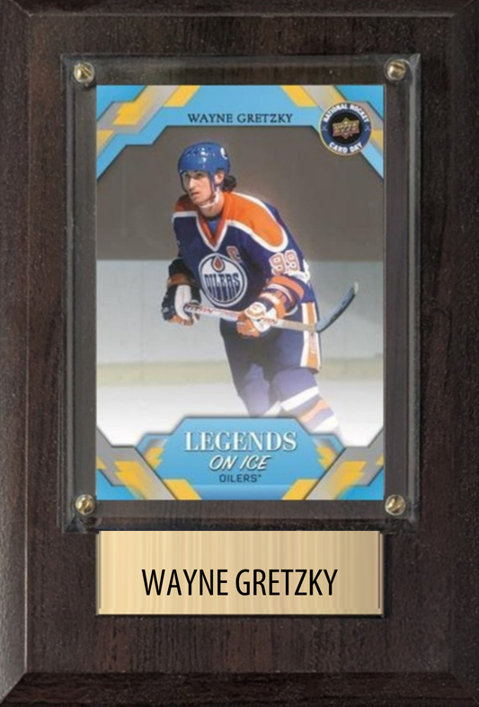 Wayne Gretzky Edmonton Oilers HOF hockey plaque with 1 trading card and engraved nameplate, 4x6 fan cave display